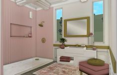 the bathroom is decorated in pink and gold