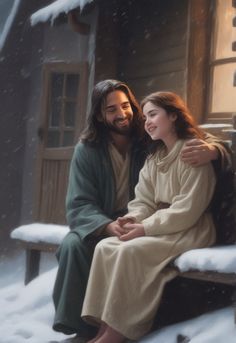 a painting of jesus and mary sitting on a bench in the snow with their arms around each other