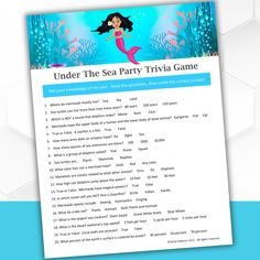 the under the sea party trivia game is shown on a blue and white background