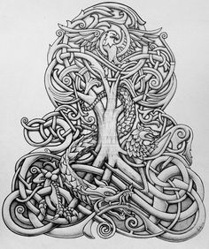 a drawing of a tree surrounded by celtic symbols and the words, my roots run deep i follow the old ways