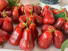 several red peppers with green stems on a white table cloth next to a potted plant