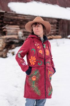 Red Folk Style Spring Outerwear, Red Bohemian Festival Outerwear, Red Bohemian Outerwear For Festival, Handmade Hippie Festival Outerwear, Handmade Hippie Outerwear For Festivals, Hippie Patchwork Winter Outerwear, Bohemian Winter Outerwear, Hippie Embroidered Fall Outerwear, Embroidered Hippie Outerwear For Fall