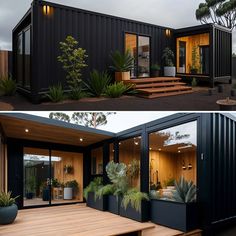 two pictures side by side of a house made out of shipping containers with plants in the windows