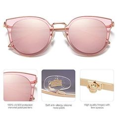 Brand: SOJOSColor: 0c2 Rose Gold Frame/Pink Mirrored LensFeatures: UV400 PROTECTION FOR YOUR EYES – SojoS's anti-reflective sunglasses with HD polarized lenses can filter out sunlight reflected glare, and protect your eyes from long term damage by blocking 100% of harmful UVA and UVB rays. HIGH-QUALITY MATERIALS – Unbreakable stainless steel (not nickel alloy) metal frame, colorful flash mirrored reflective lenses, soft silicone nose pads, solid metal hinges, exquisite temples, all the details e Reflective Sunglasses, Frame Pink, Rose Gold Frame, Metal Frame Mirror, Circle Lenses, Pink Mirror, Sunglasses For Women, Eyewear Fashion, Polarized Lenses