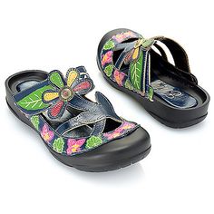 Step into warm weather style with the help of these fun and colorful "Summer" sandals from Corky's Elite. Featuring a leather upper decorated with hand-painted floral and leaf designs  these sandals go great with all your favorite casual summer looks. A hook and loop tape closure strap adds some security to these slip-on shoes  while a padded footbed keeps you comfy and kicking. Multicolor Sandals With Leather Footbed For Summer, Multicolor Leather Footbed Sandals For Summer, Multicolor Open Toe Clogs For Summer, Multicolor Leather Sandals For Summer, Multicolor Open Toe Sandals With Leather Footbed, Multicolor Leather Clogs For Spring, Leather Sandals With Floral Print And Round Toe, Bohemian Leather Clogs For Summer, Spring Vacation Leather Clogs