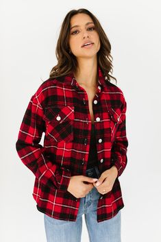 red plaid // collared, working buttons, long sleeves, pockets paired with our milo ribbed bodysuit + high kick denim in medium wash + vance double tab chelsea boot model is 5'9" + wearing a small measurements are approximate + taken while laying flat small : bust 44” length 27.5” medium : bust 46” length 28” large : bust 48" length 28.5" more fit + fabric info : polyester // fabric has no stretch // relaxed fit Long Sleeve Flannel Shirt With Snap Buttons For Fall, Flannel Tops With Snap Buttons For Fall, Fall Flannel Top With Snap Buttons, Fall Flannel Outerwear With Snap Buttons, Fall Flannel Button-up Shirt With Snap Buttons, Trendy Button-up Flannel Shirt For Fall, Trendy Fall Flannel Button-up Shirt, Trendy Fall Button-up Flannel Shirt, Fall Snap Button Flannel Shirt