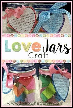 two jars filled with paper hearts and some words on the jar are decorated with ribbon