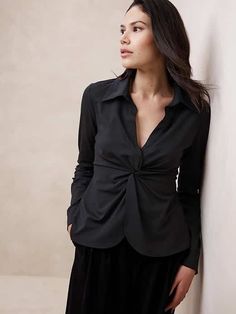 Drapey Ponte Twist Top | Banana Republic Factory Chic Long Sleeve Top With Twist Front, Versatile V-neck Top For Workwear And Fall, Chic V-neck Tops For Office Wear, Versatile V-neck Top For Fall Workwear, Chic Long Sleeve Twist Front Top, Chic V-neck Top For Business Casual, Versatile V-neck Blouse For Work, Versatile V-neck Office Tops, Chic V-neck Top For Workwear