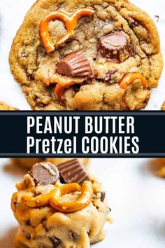 peanut butter pretzel cookies are stacked on top of each other with chocolate chips