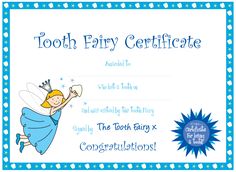 tooth fairy certificate is shown in blue and white with an image of a tooth fairy on it