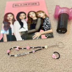 Blackpink Keychain Handmade With Free Stretchy Ring Best For Size 7/8. Will Include An Organza Pouch And A Free Blackpink Bookmark. Blackpink Accessories Diy, Blackpink School Supplies, Blackpink Jewelry Diy, Black Pink Accessories, Blackpink Beads Bracelet, Blackpink Bookmark, Black Pink Bracelet, Blackpink Bracelet, Blackpink Keychain