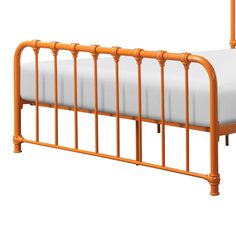 an orange metal bed frame with a white sheet on the top and bottom, in front of a white background