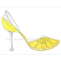 a drawing of a yellow shoe with lemon wedges on the bottom and white heel