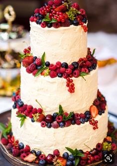 a three tiered cake with berries and strawberries on top