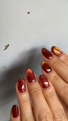 Fall Nails Square Design, Fall Nails 2024 Orange, Dark Orange Cat Eye Nails, Amber Gel Nails, Short Nail Designs Cat Eye, Orange Magnetic Nails, Fall Nail Inspo Short Almond, Impressionist Nail Art, Bold Red Nails