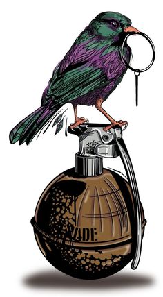 a drawing of a bird sitting on top of an old fashioned perfume bottle with its mouth open