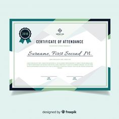 certificate of attendance with green and white geometric pattern on the front, blue border around the edges