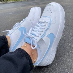 Baby Blue Shadow Nike AF1 (Women's) - DJ ZO Designs Nice Womens Shoes, White And Blue Nike Shoes, Blue Airforce 1, Nike Shoes Women Trendy, Baby Blue Outfits For Women, Cute Shoes For Teen Girls, Trendy Shoes Sneakers For Women, Nike Blue Shoes, Nike Sneakers Women Outfit