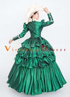 Green Rococo Baroque 18th Century Southern Belle Civil War Dress   Condition: Brand New  Color: amp;nbsp; As Picture  Material: Satins And Lace  Silhouette: Ball Gown  Sleeve Length: Full Sleeve  Dresses Length:Floor-Length  Neckline: O-Neck  Decoration: Ruffle  Style: Vintage   Includes: Dress + Hat    amp;nbsp; Victorian Baroque Dresses For Costume Party, Victorian Baroque Dresses For Theater, Elegant Baroque Dresses For Theater, Baroque Ruffled Dress For Theater, Regency Baroque Theater Dress, Elegant Fitted Baroque Dress, Baroque Victorian Dress With Ruffles For Parties, Vintage Baroque Dress For Costume Party, Baroque Ruffled Dress For Costume Party