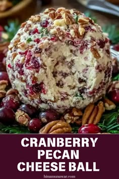 cranberry pecan cheese ball on a platter