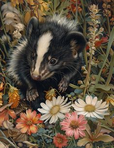 a painting of an animal surrounded by flowers