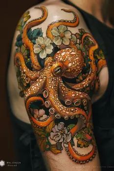 an octopus tattoo with flowers on it's arm and chest is shown in this image