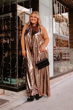 Glam Jumpsuit, Metallic Jumpsuit, Metallic Jumpsuits, Amazing Views, Bold Style, Mock Neckline, Style Statement, Women Clothing Boutique, Bold Fashion