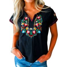 Nwot Black Shirt With Flower Designs Embroidered On Sleeve And Neck Size Small 100% Polyester Color May Vary From Screen To Screen Same Day Or Next Day Shipping Offers Are Welcome Smoke Free Home Work Area Pet Free Retro Embroidery, Embroidered Tops, Womens Tops Summer, Embroidered Shorts, Boho Print, Women's T Shirts, Embroidered Tshirt, V Neck Blouse, Embroidered Top