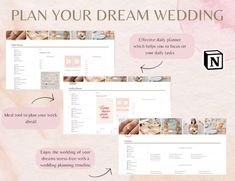 the wedding planner is being displayed in pink and white