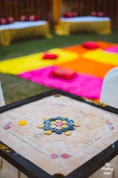 the table is decorated with buttons and flowers