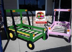 two children's wooden toys are sitting on the sidewalk