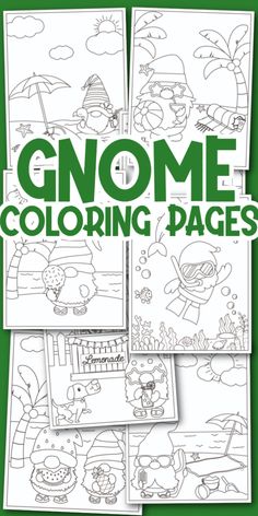 some coloring pages with the words gnomes and other cartoon characters in purple text on them