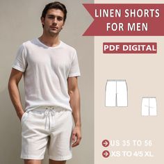 Digital sewing pattern for linen shorts for men. ➡️This pattern comes with an illustrated sewing guide with step-by-step instructions, making it super easy to make your own garment. If you're looking for a beginner-friendly project that will take 2 hours to make, then this is perfect for you! ➡️ US Sizes: 2, 4, 6, 8, 10, 12, 14, 16, 18, 20, 22, 24, 26, 28, 30 ��➡️ Standard sizes: XS, S, M, L, XL, 2XL, 3XL, 4XL/5XL ➡️ These templates are suitable for A4, A0 and US Letter size paper. ➡️ Once your pa Men’s Shorts Pattern, Mens Shorts Pattern, Summer Shorts For Men, Shorts Pattern Sewing, Linen Shorts Men, Mens Linen Shorts, Sewing Guide, Sewing Templates, Swimwear Pattern