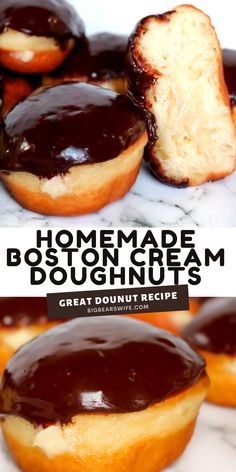 These Homemade Boston Cream Doughnuts are a take on on the popular Boston Cream Pie dessert! Don't be afraid of making homemade doughnuts! It's easier to make doughnuts at home, than you think ! Bavarian Creme Donut Recipe, Dunkin Donuts Boston Cream Donut Recipe, Homemade Boston Cream Donut, Baked Boston Cream Donut Recipe, Boston Cream Pie Donut, Boston Creme Donuts Recipe, Boston Crème Donut, Jam And Cream Donut Recipe, Boston Kreme Donut