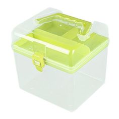 a plastic storage box with lid and latches on the sides is shown in yellow