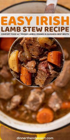 a ladle full of beef stew with carrots and potatoes