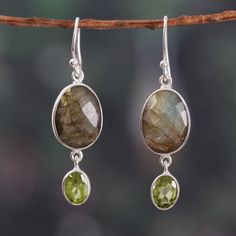 These breathtaking dangle earrings are a true celebration of nature's beauty, showcasing a mesmerizing array of vibrant gems that command attention. Boasting an impressive 14 carats in total, the faceted labradorite and peridot stones radiate a captivating elegance, their bold hues and unmatched brilliance creating a truly enchanting look. Exquisitely framed by polished sterling silver structures, these earrings by India's Neetu Barathi ensure a visual feast that will elevate any ensemble and leave a lasting impression wherever they are worn. Green Gemstone Dangle Earrings, Green Drop Earrings With Gemstone Accents, Nature-inspired Dangle Gemstone Jewelry, Peridot Dangle Earrings Gift, Peridot Gemstone Dangle Jewelry, Peridot Gemstone Drop Earrings, Peridot Drop Earrings For Anniversary, Peridot Drop Earrings For May Birthstone, Peridot Dangle Earrings With Ear Wire