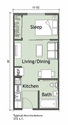 the floor plan for a studio apartment with one bedroom and living room, which is divided by