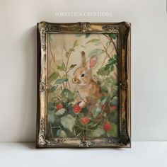 a painting of a rabbit in a bush with berries on it's side and the words forest creations above it