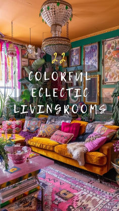 colorful eclectic living room with chandelier, couch and coffee table in the center