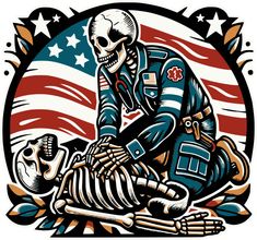 a skeleton sitting on top of a motorcycle with an american flag in the back ground