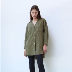 Zara Linen-Cotton Blend Shirt. Polo Collar, Long Sleeves, Patch Front Pockets. Asymmetric Hem And Button Cuffs Closure. 53% European Grown Linen. 47% Cotton. Size S Button-up Tunic For Workwear, Button-up Tunic For Work, Oversized Spring Shirt With Placket, Oversized Spring Shirt, Oversized Khaki Blouse For Spring, Casual Buttoned Tunic For Work, Casual Tunic With Button Closure For Daywear, Casual Button-up Cotton Tunic, Casual Cotton Button-up Tunic