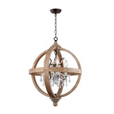 a wooden orb chandelier with crystals hanging from the bottom, on an isolated white background