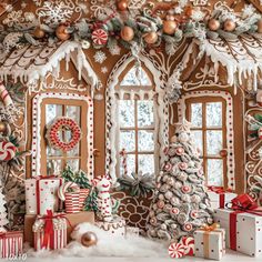 a gingerbread house decorated for christmas with presents