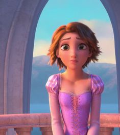 an animated character in a purple dress standing on a balcony