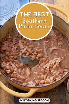 the best southern pinto beans recipe in a yellow pot on a wooden table with text overlay