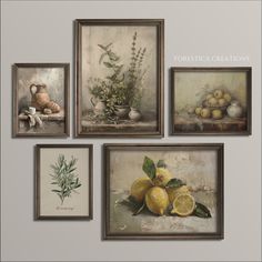 four framed paintings with lemons and other fruit