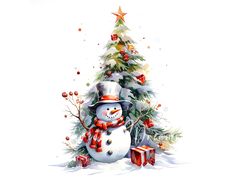 a watercolor painting of a snowman next to a christmas tree with presents under it