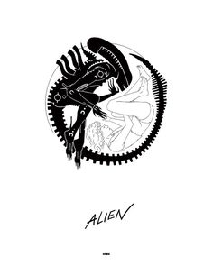 an alien is depicted in this black and white illustration, with the word alien above it