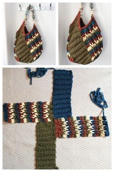 crocheted bag hanging from hooks on wall next to white fabric with blue and green trim